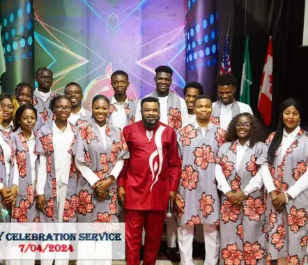 Senior Pastor with youths group photos.